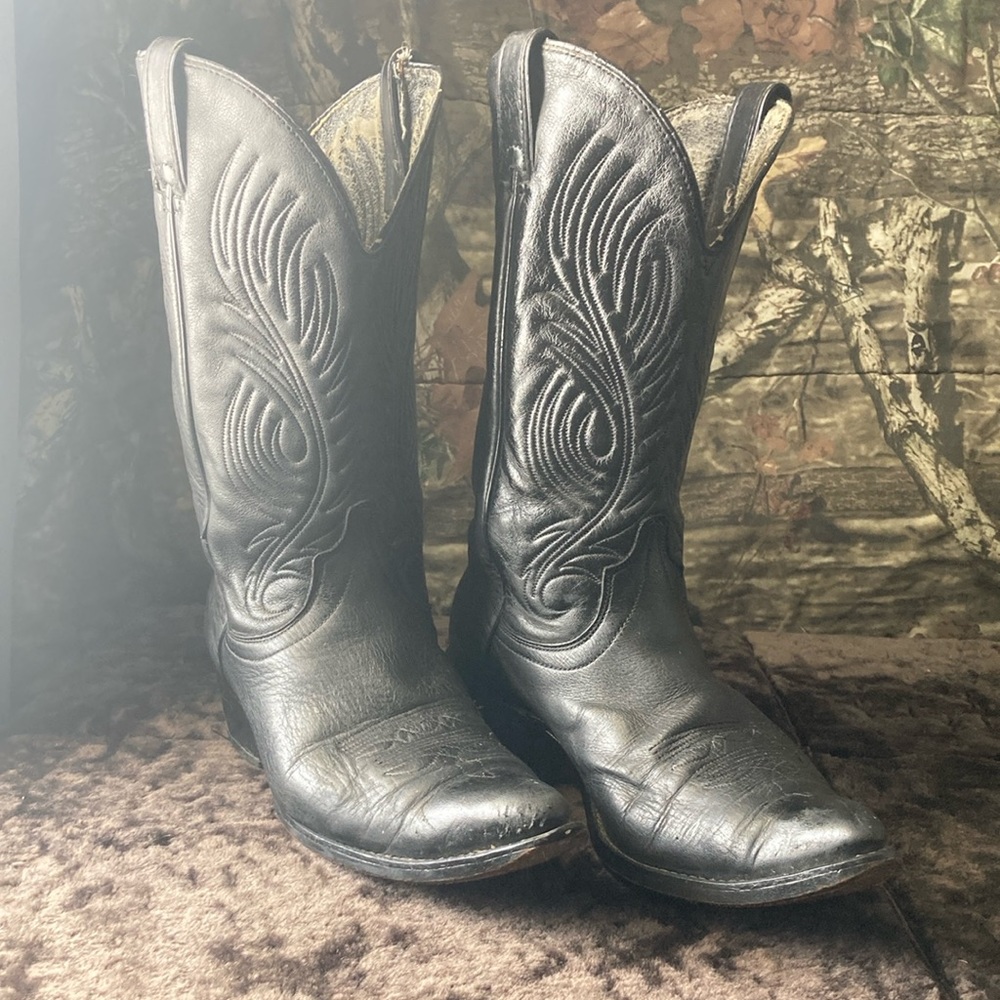 Black leather Western-style cowboy boots.